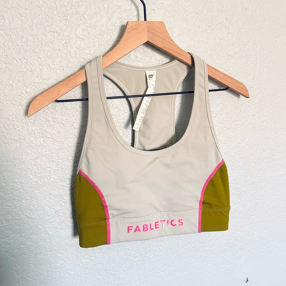 Fabletics Grey and Olive Sports Bra with Pink Trim Size Medium